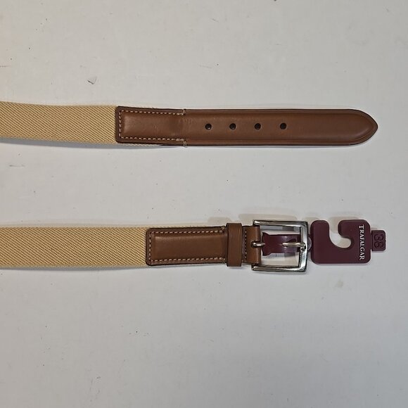 NWT Trafalgar Stretch Web Belt Made in USA Maize Brown Leather Tabs Made in USA - Picture 1 of 4